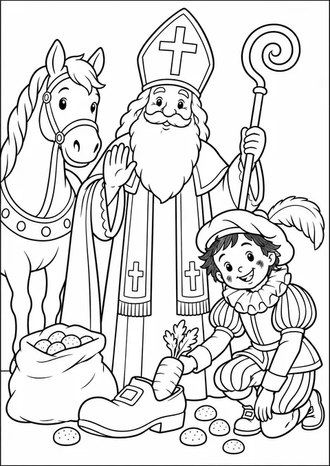 Kleurplaat van Sinterklaas, zijn schimmel en een piet bij de schoen met wortel