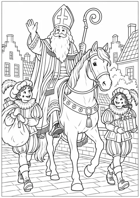 Kleurplaat van Sinterklaas op zijn schimmel met twee pieten