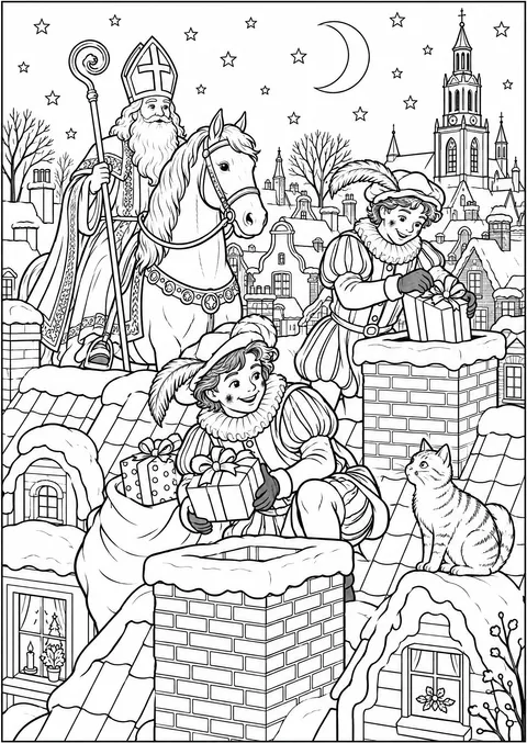 Kleurplaat van Sinterklaas en pieten op de daken bij nacht