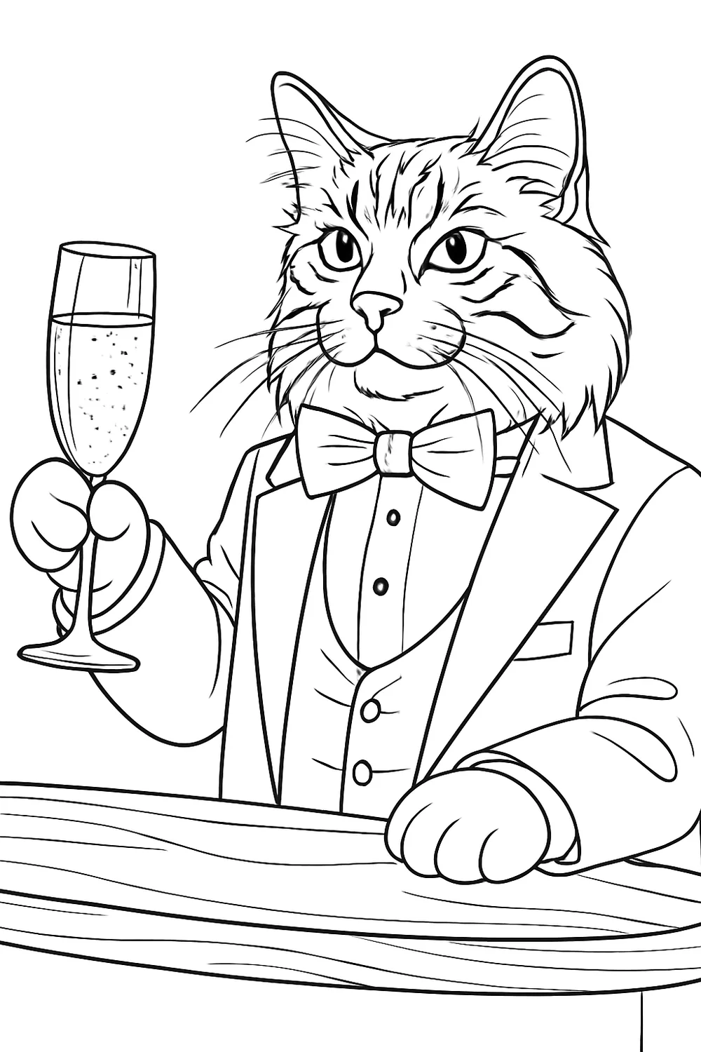 Kleurplaat van een feestelijk aangeklede kat met een glas
