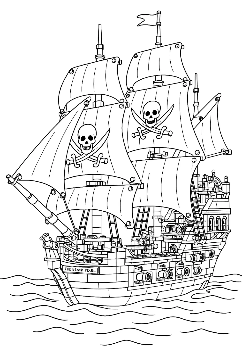 Gedetailleerde kleurplaat van een groot piratenschip