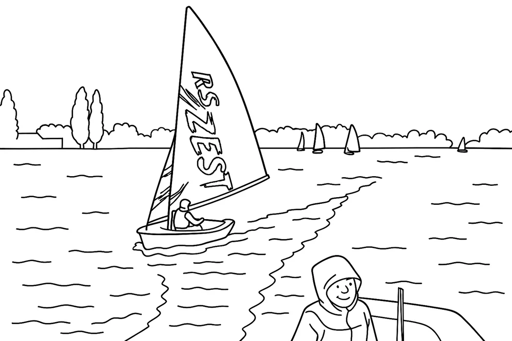 Kleurplaat van windsurfers en een kind aan zee